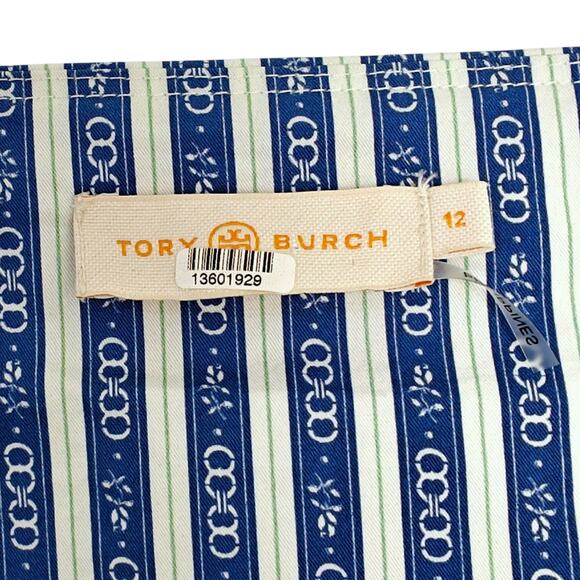 Tory Burch Gemini Link Button Front Top Size 12 Blue Stripes Cotton Puff Sleeves - Picture 11 of 14